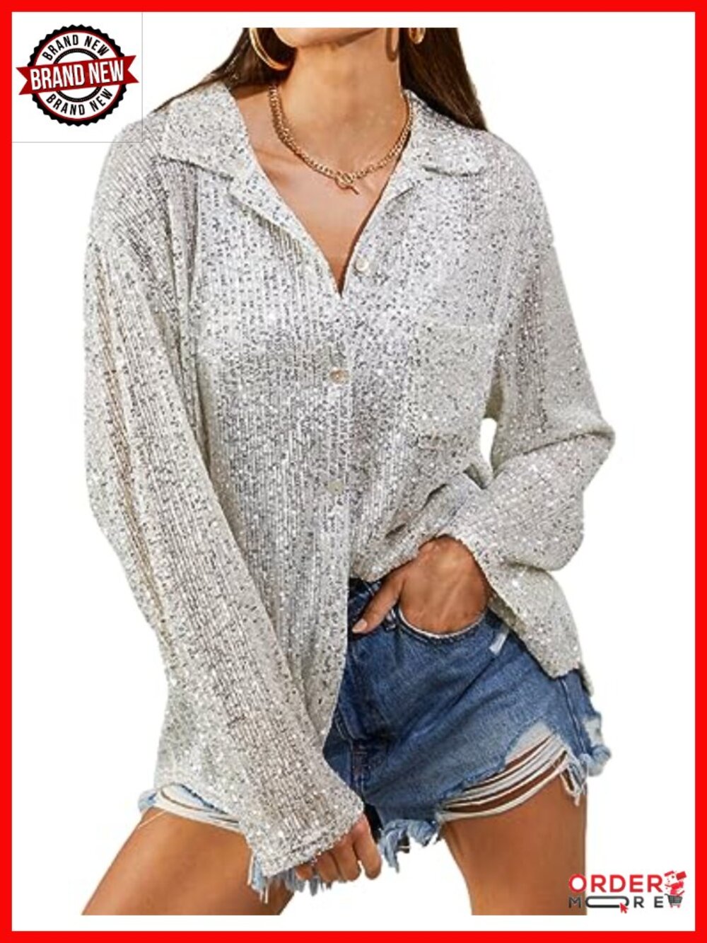 Sequin Button Front Long Sleeve Blouse Sparkly Dinner Top